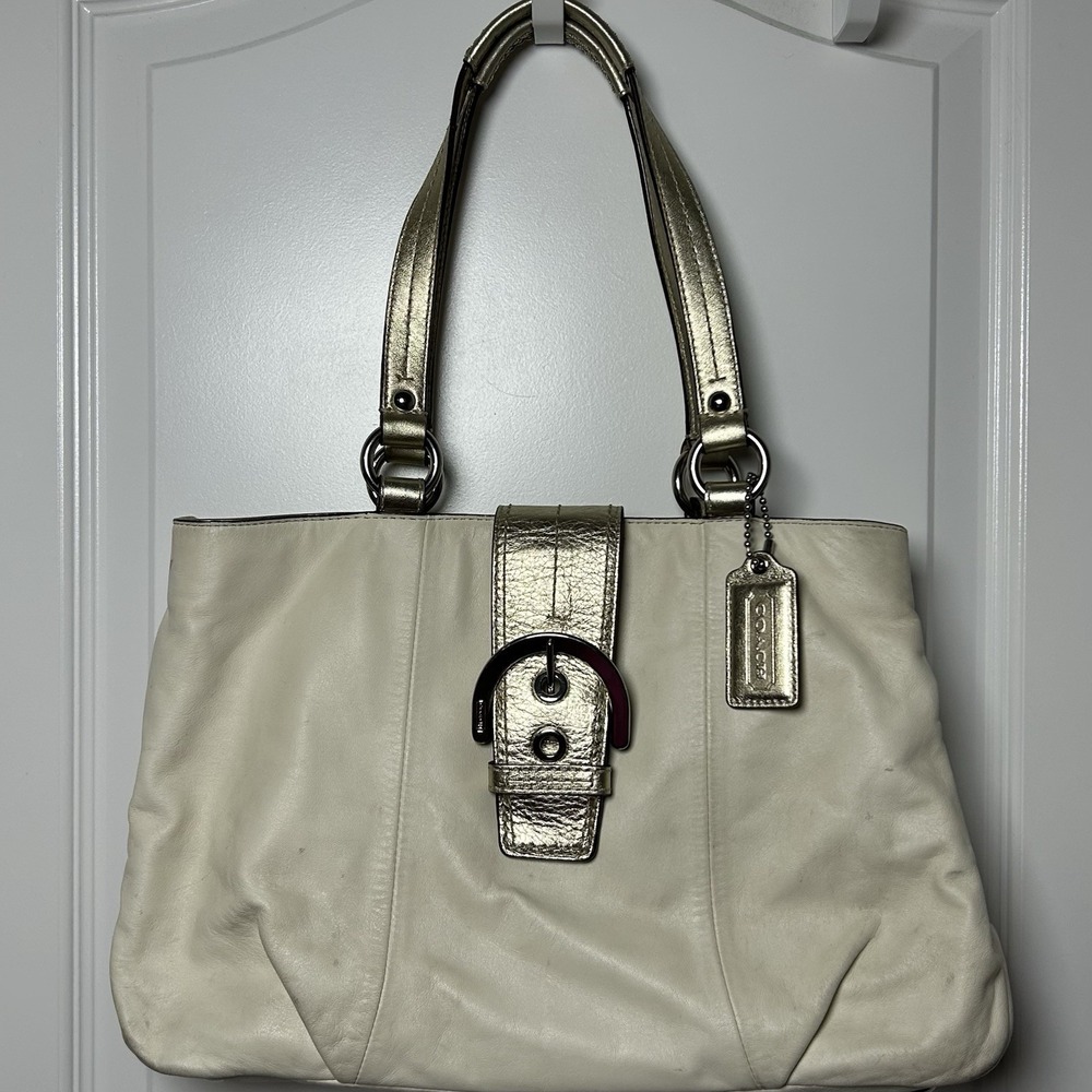 Coach 2011 Soho F18751 Cream Leather East West Tote Gold Trim Buckle Bag